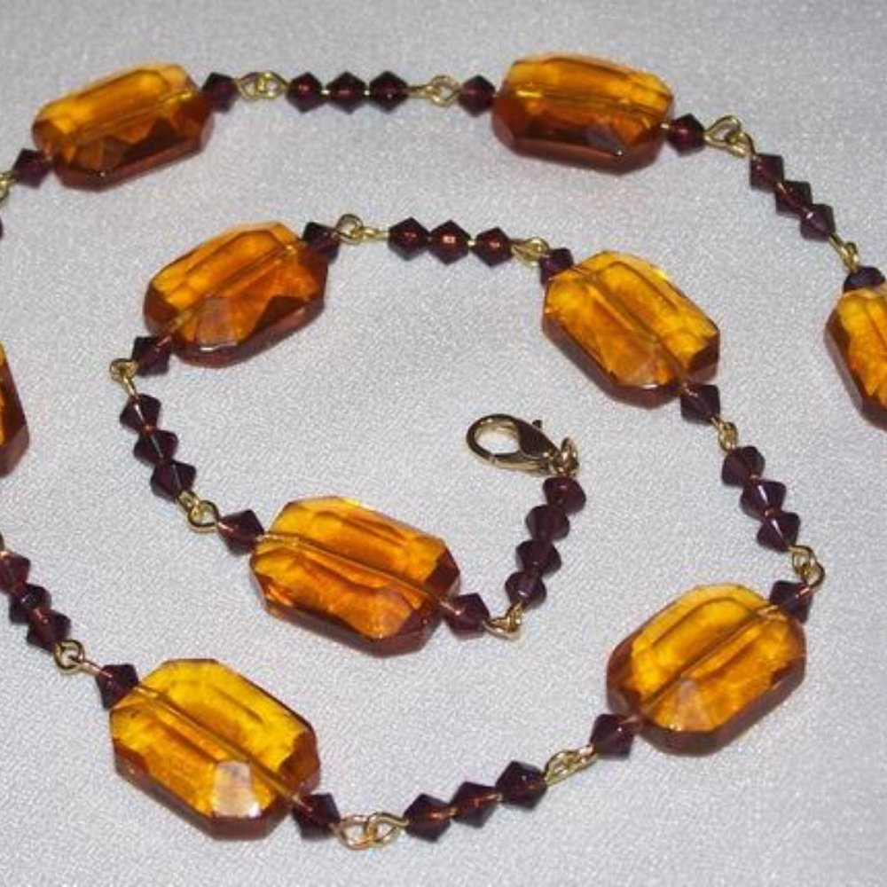 Handmade Amber Color Necklace with Orange and Purple Beads 19 inch Single Strand